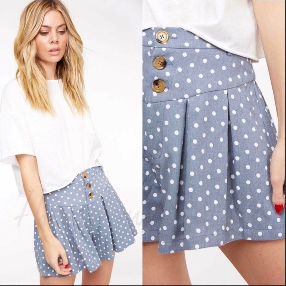 NWT Fantastic Fawn Pleated Polka Dot Shorts Dusty Blue‎ Ivory Chic Flirty